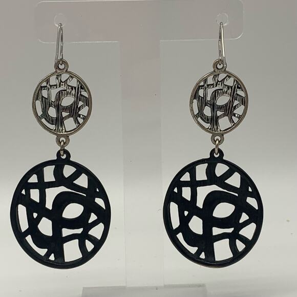 Silver Tone and Matte Black Dangle Pierced Earrings Open Design - Picture 6 of 7